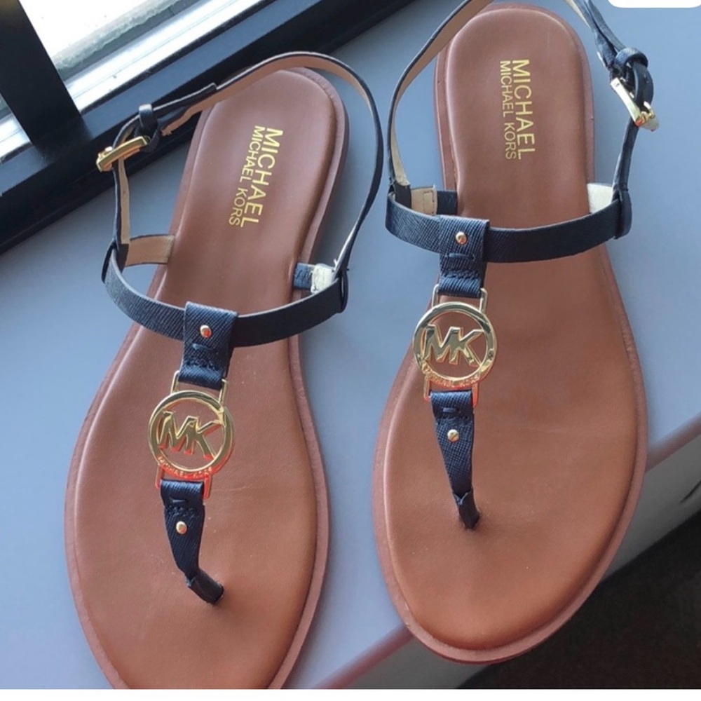 MICHAEL Michael Kors Navy Blue and Brown Sandals with Gold Logo